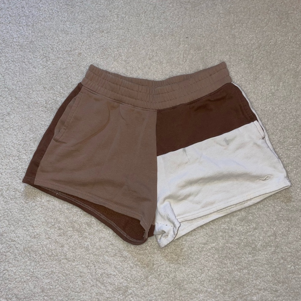 Hollister Athletic Brown and White Shorts with Color-Block Design